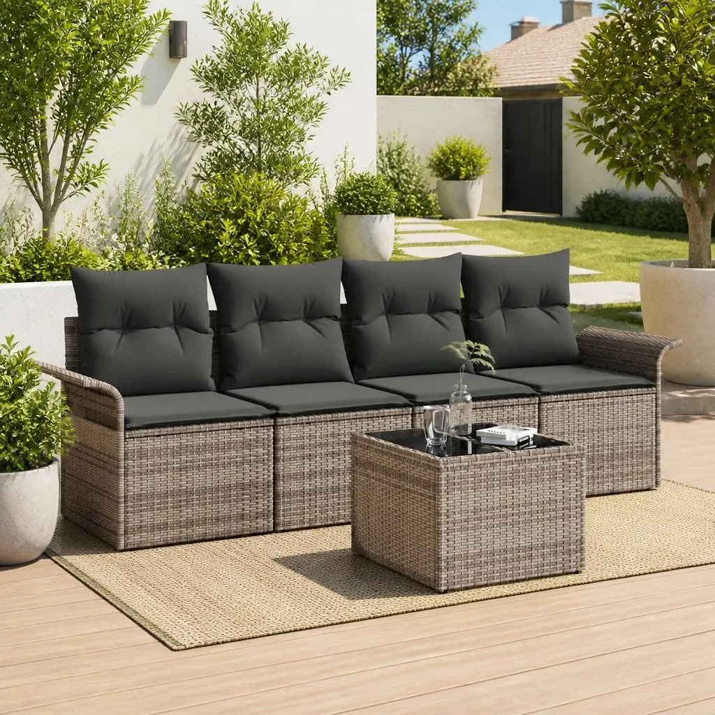 Modular Garden Sofa Set 5 Piece Outdoor Seating Grey Poly Rattan