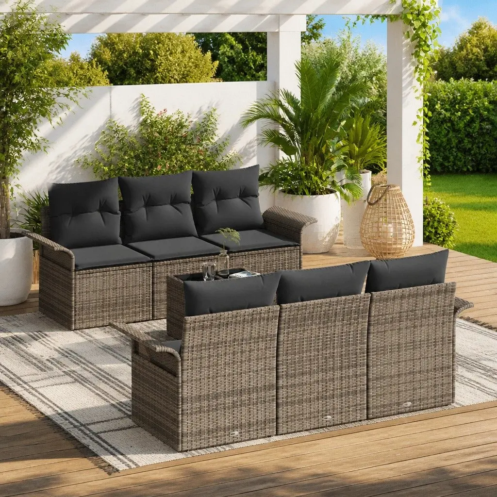 Outdoor Garden Sofa Set 7 pcs Modular Seating Grey Poly Rattan with Glass Table