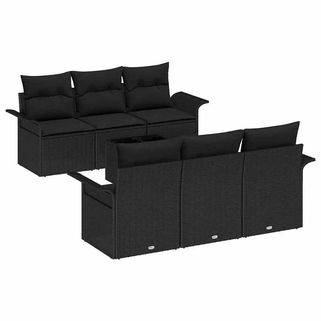 Modular Garden Sofa Set 7 Piece Outdoor Seating Black Poly Rattan with Glass Table