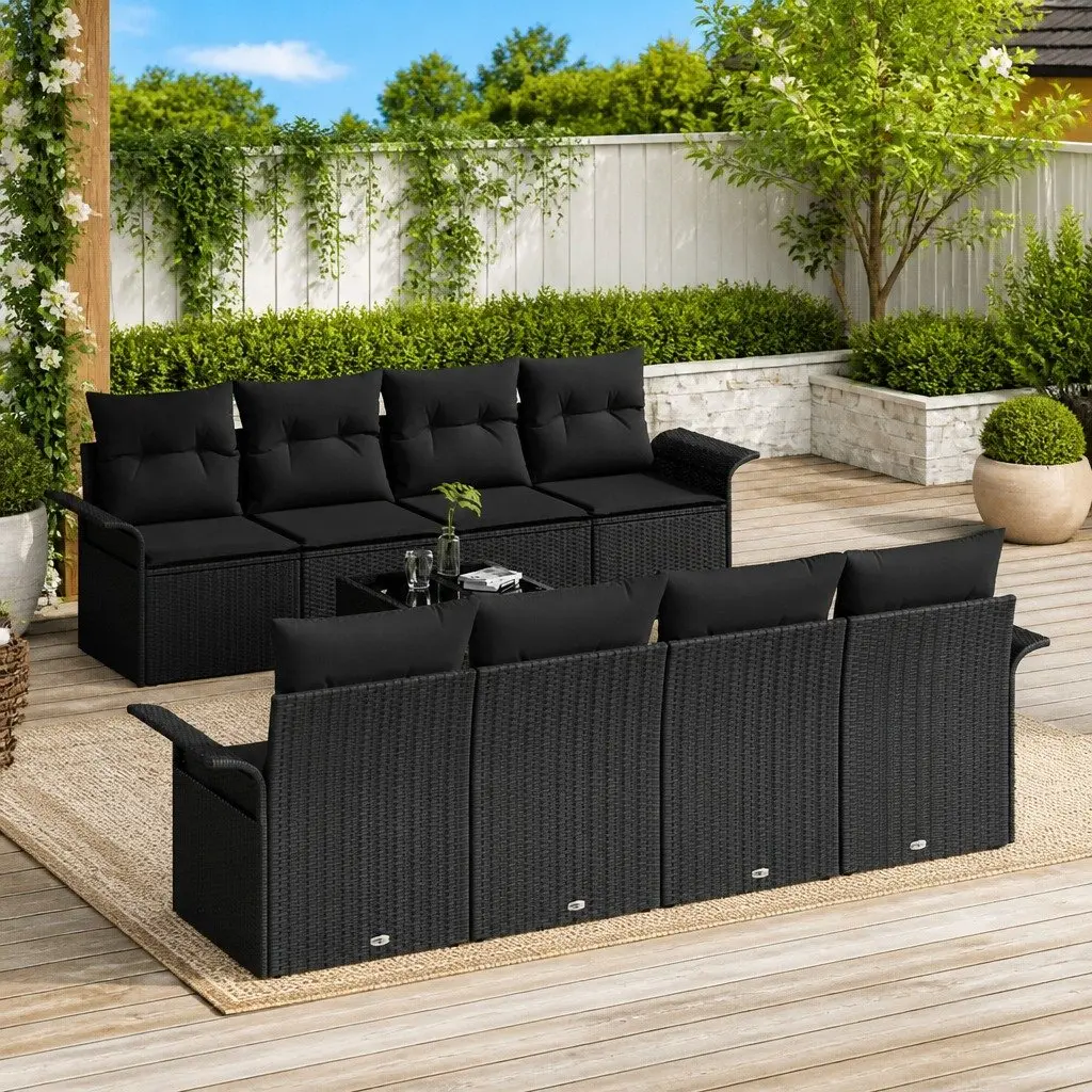 Modular Garden Sofa Set 9 Pieces Outdoor Seating Black Poly Rattan with Cushions