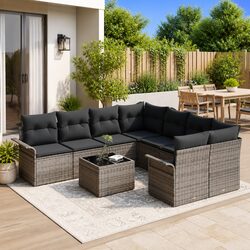 Garden Sofa Set 9 pcs Modular Outdoor Lounge Seating Grey Poly Rattan with Table