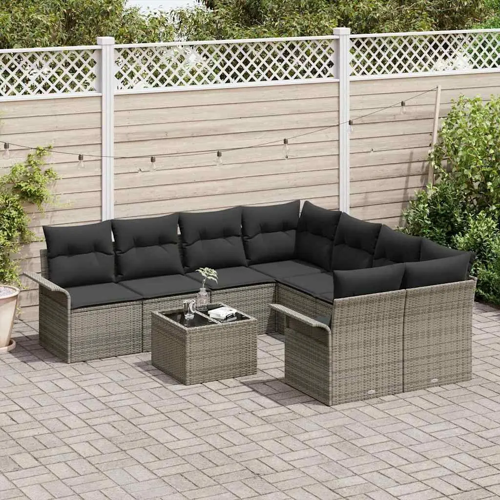 Garden Sofa Set 9 pcs Modular Outdoor Lounge Seating Grey Poly Rattan with Table
