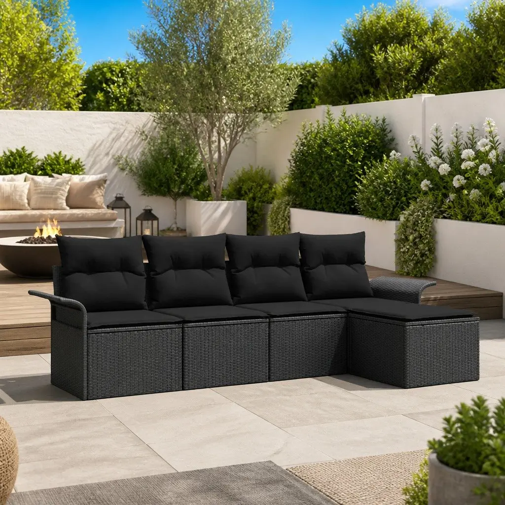 Modular Garden Sofa Set 5 Pieces Outdoor Patio Furniture Black Poly Rattan