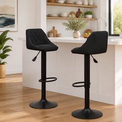 Comfortable Set of 2 Black Velvet Bar Stools