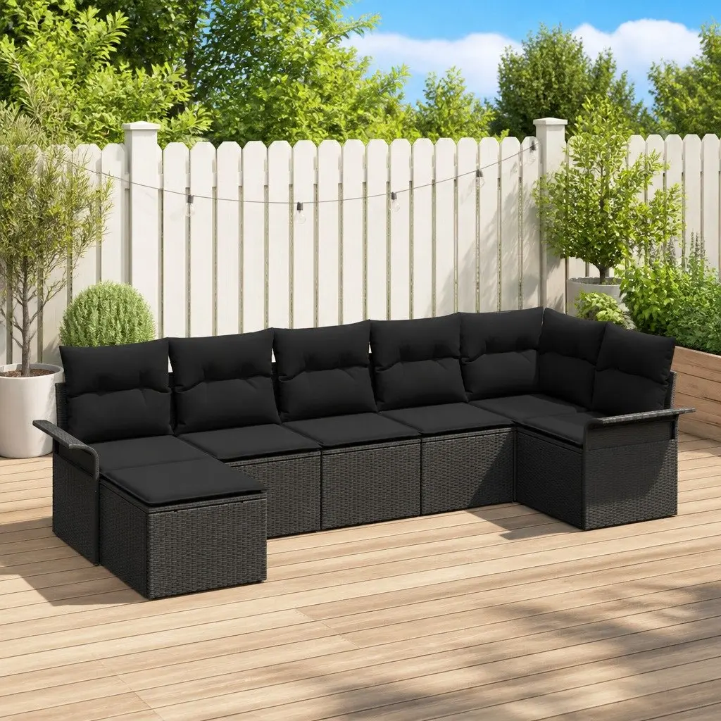 Modular Garden Sofa Set 7 Piece Outdoor Furniture Black Poly Rattan with Storage