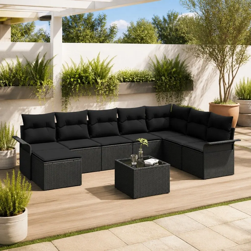 Modular Garden Sofa Set 9 Piece Outdoor Furniture Removable Cushions Black