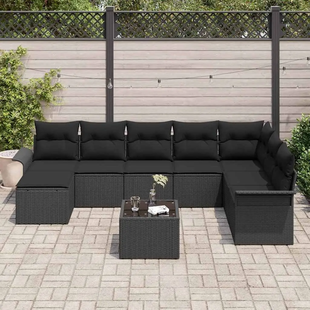 Modular Garden Sofa Set 9 Piece Outdoor Furniture Removable Cushions Black