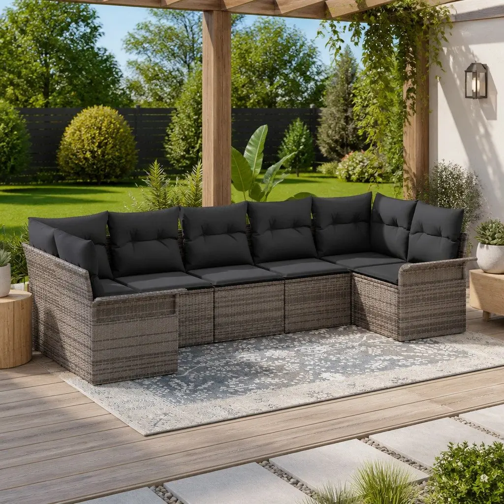 Garden Sofa Set 7 Pieces Modular Outdoor Furniture Grey Poly Rattan Seating
