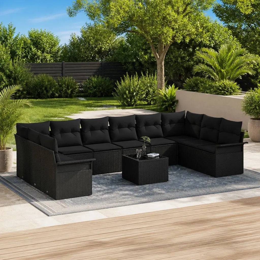 Modular Garden Sofa Set 11 Piece Outdoor Furniture with Cushions Black