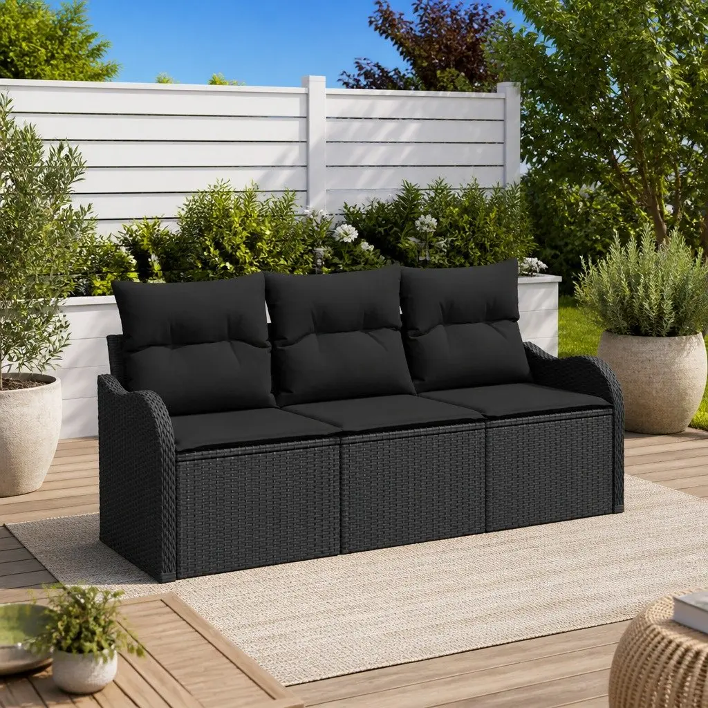 Outdoor Sofa Set Modular Lounge 3 Piece Black Poly Rattan