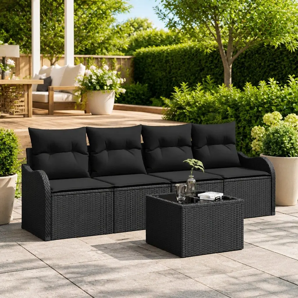 Modular Garden Sofa Set 5 Piece Outdoor Seating Black Poly Rattan with Storage Table