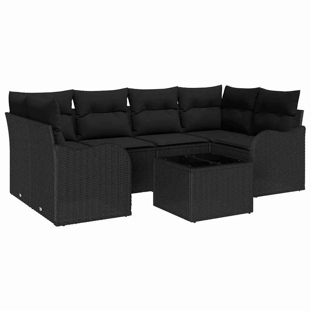 Outdoor Garden Sofa Set 7 Pieces Black Poly Rattan Steel Glass Table Patio