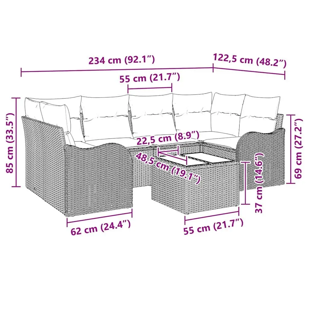 Outdoor Garden Sofa Set 7 Pieces Black Poly Rattan Steel Glass Table Patio