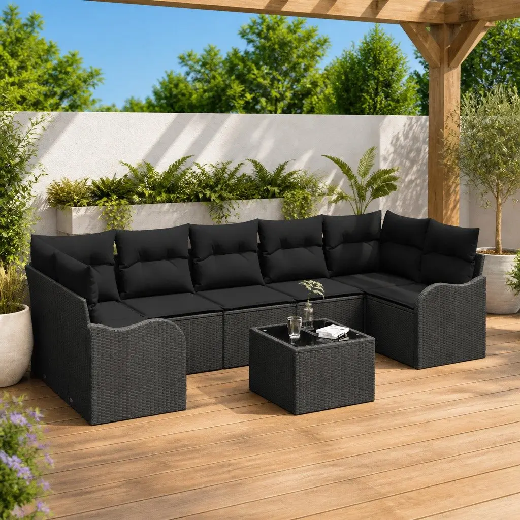 Modular Garden Sofa Set 8 Piece Outdoor Seating Black Poly Rattan Steel Glass Table