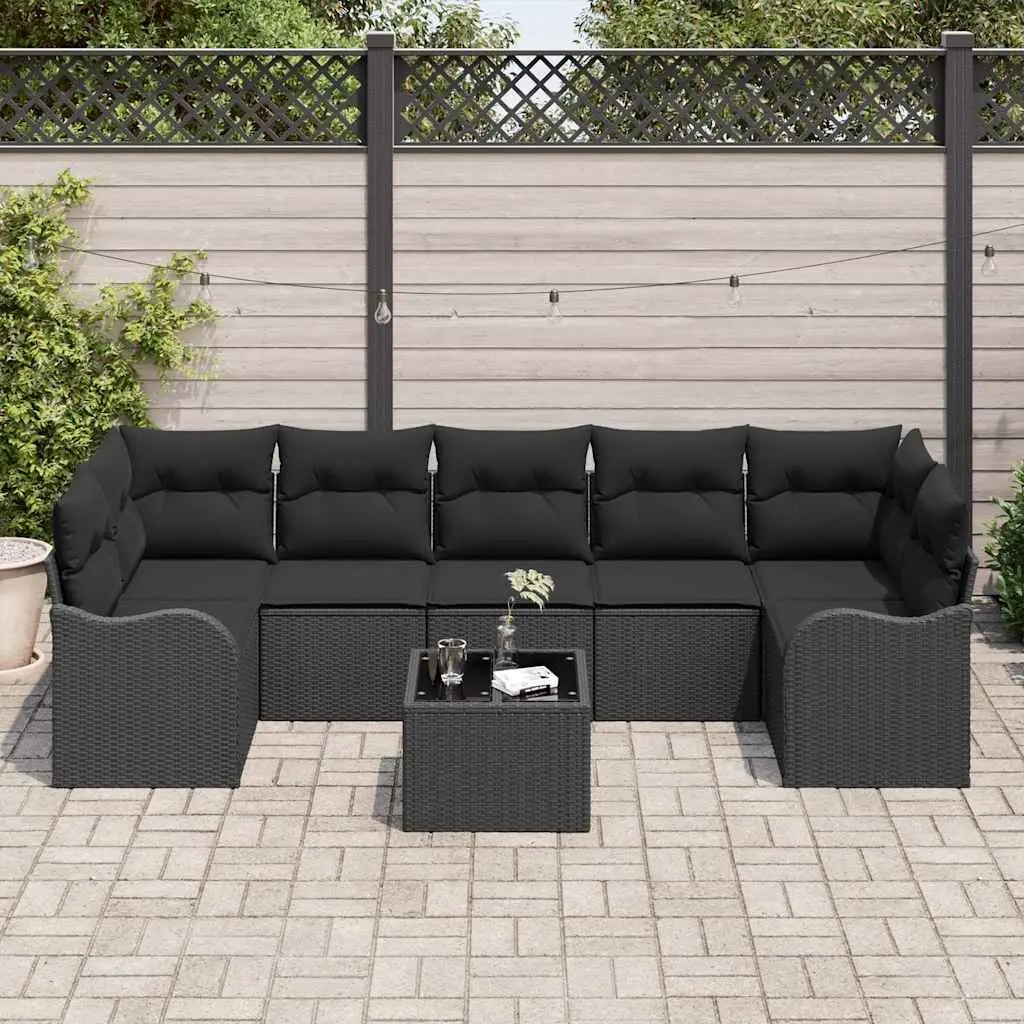 Modular Garden Sofa Set 8 Piece Outdoor Seating Black Poly Rattan Steel Glass Table