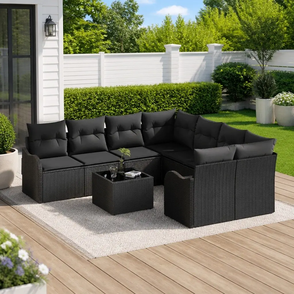 Outdoor Garden Sofa Set 9 Pieces Black Modular Poly Rattan Steel Glass Patio