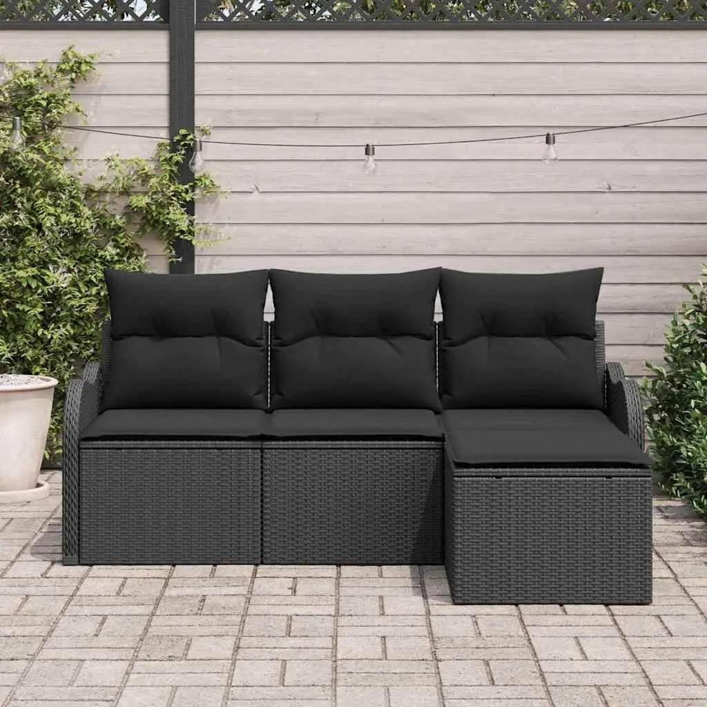 Garden Sofa Set Modular Outdoor Furniture 4 Piece Black Poly Rattan with Storage