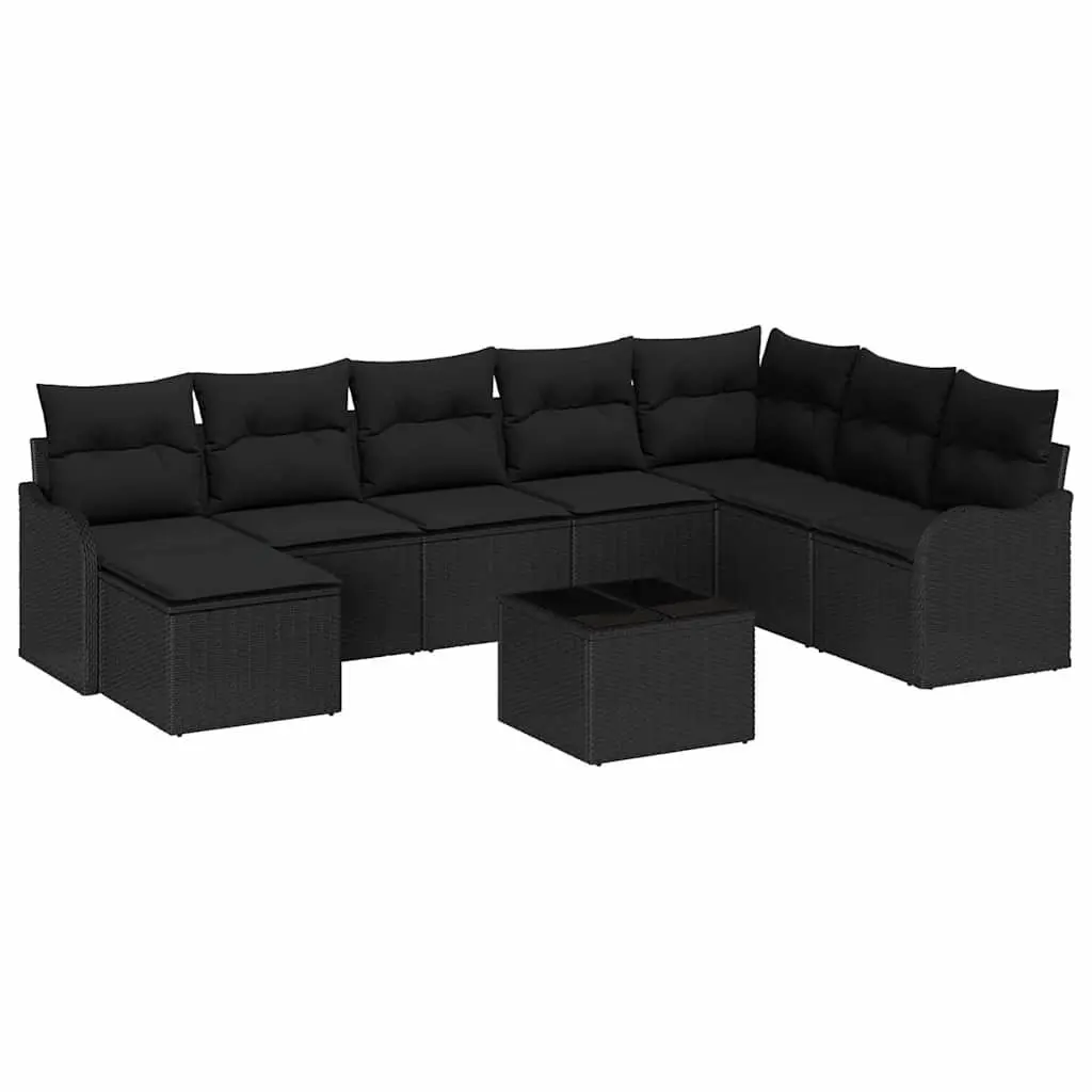 Modular Garden Sofa Set Outdoor Furniture 9 Piece Black Poly Rattan Cushions