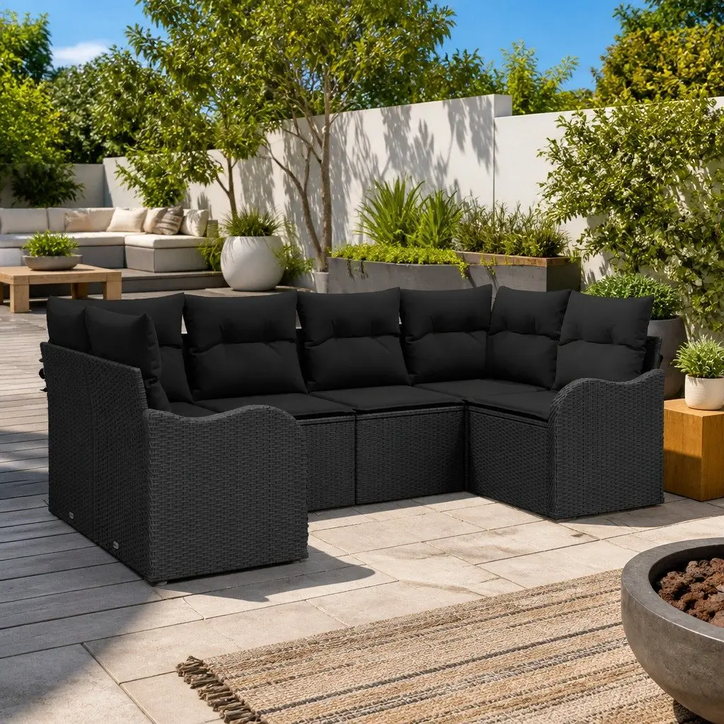 Modular Garden Sofa Set 6 Piece Outdoor Lounge Black Poly Rattan