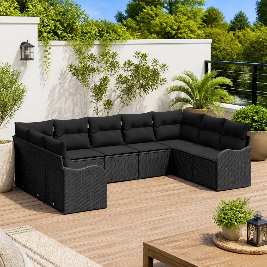 Modular Garden Sofa Set 9 Piece Outdoor Lounge Furniture Black Poly Rattan
