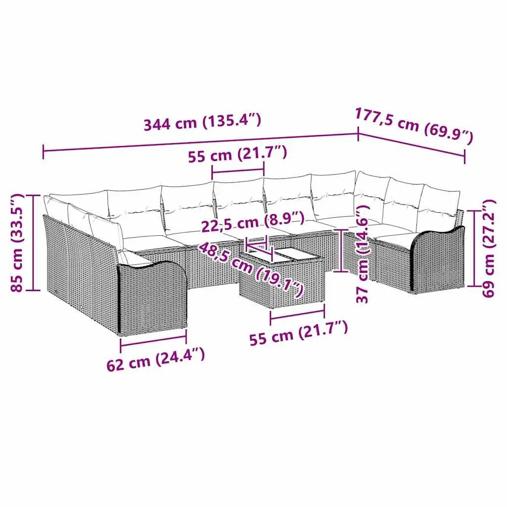 Modular Garden Sofa Set Outdoor Rattan Furniture 11 Pieces Black