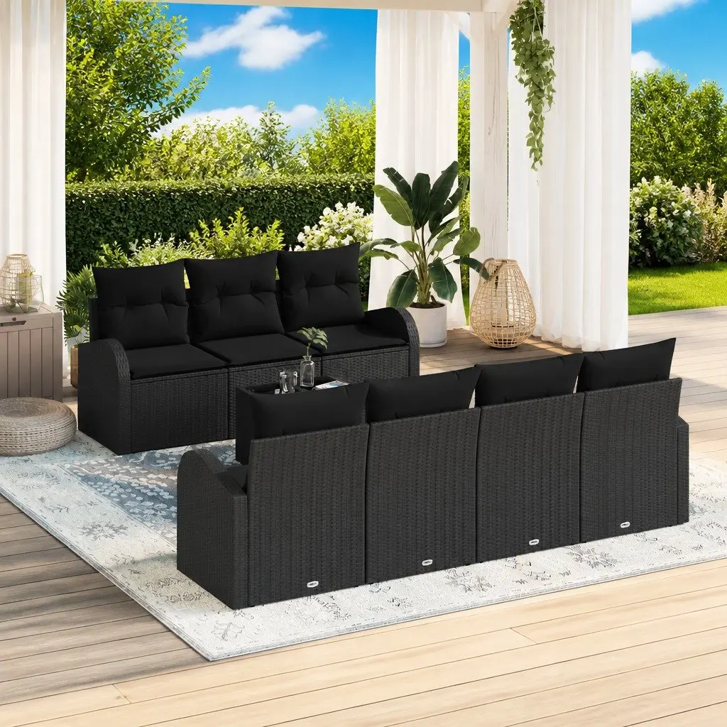 Modular Outdoor Garden Sofa Set 8 Pieces Black Poly Rattan Seating with Glass Table