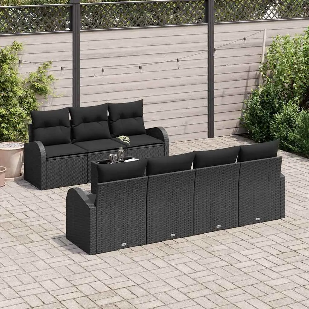 Modular Outdoor Garden Sofa Set 8 Pieces Black Poly Rattan Seating with Glass Table