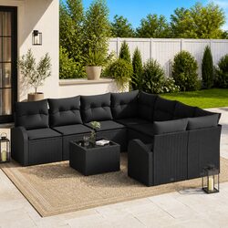 Outdoor Sofa Set 9 Pieces Black Poly Rattan Modular Garden Seating with Storage