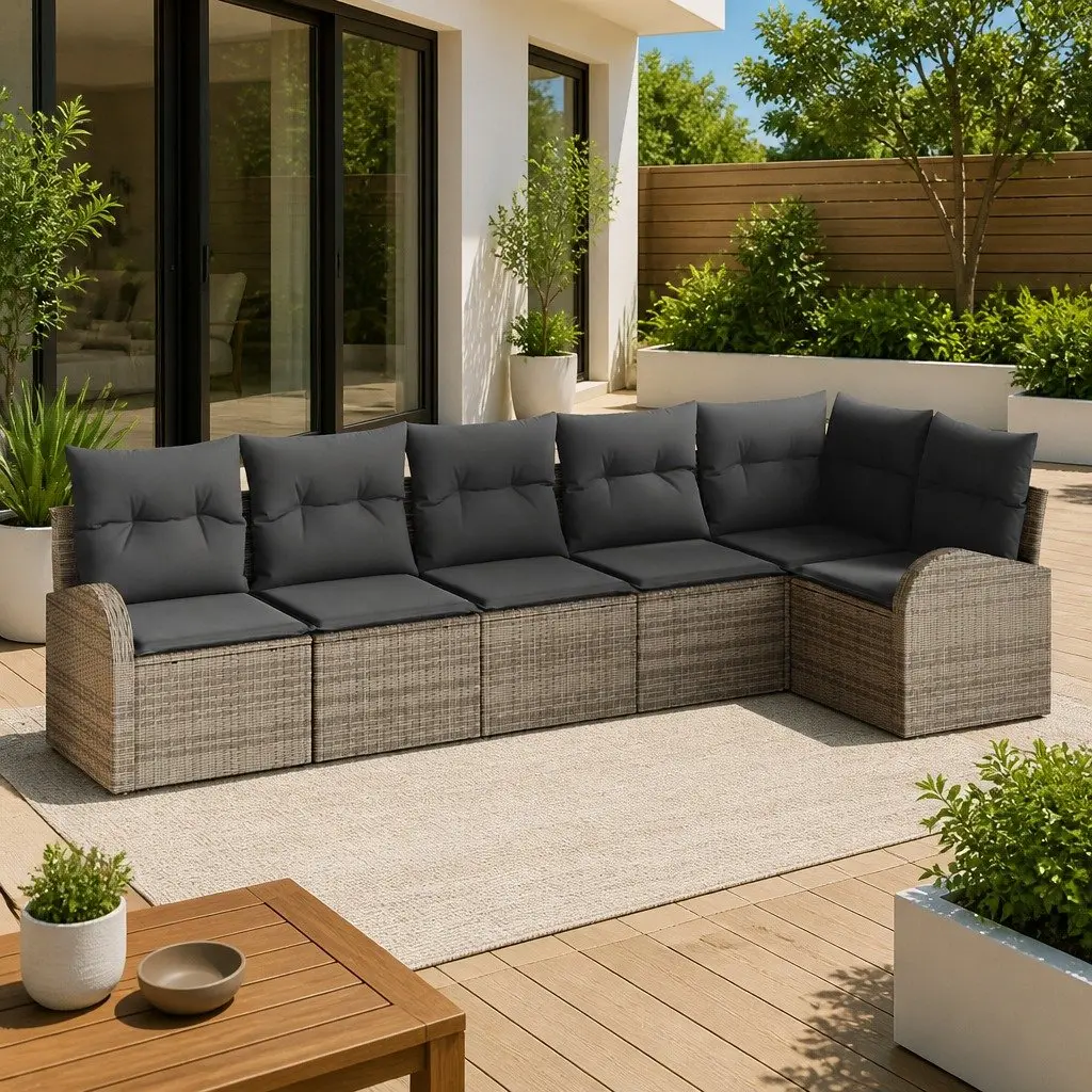 Garden Sofa Set 6 Pieces Outdoor Furniture Grey Poly Rattan with Cushions