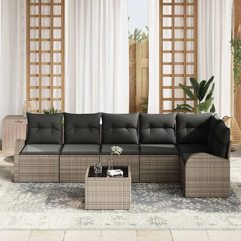 Garden Sofa Set 7 Pieces Outdoor Furniture Grey Poly Rattan Patio Lounge with Cushions