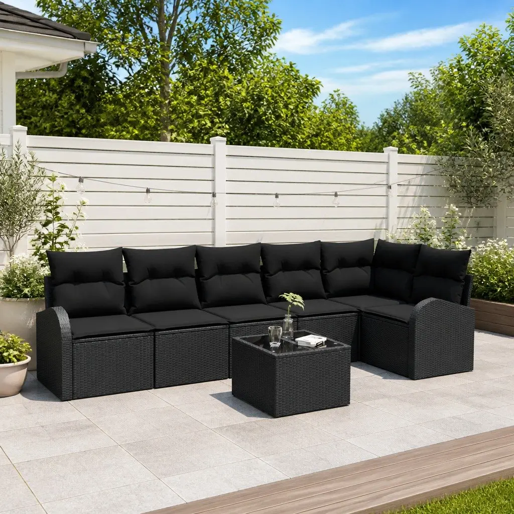 Garden Sofa Set 7 Piece Outdoor Furniture Black Poly Rattan Patio Lounge Seating