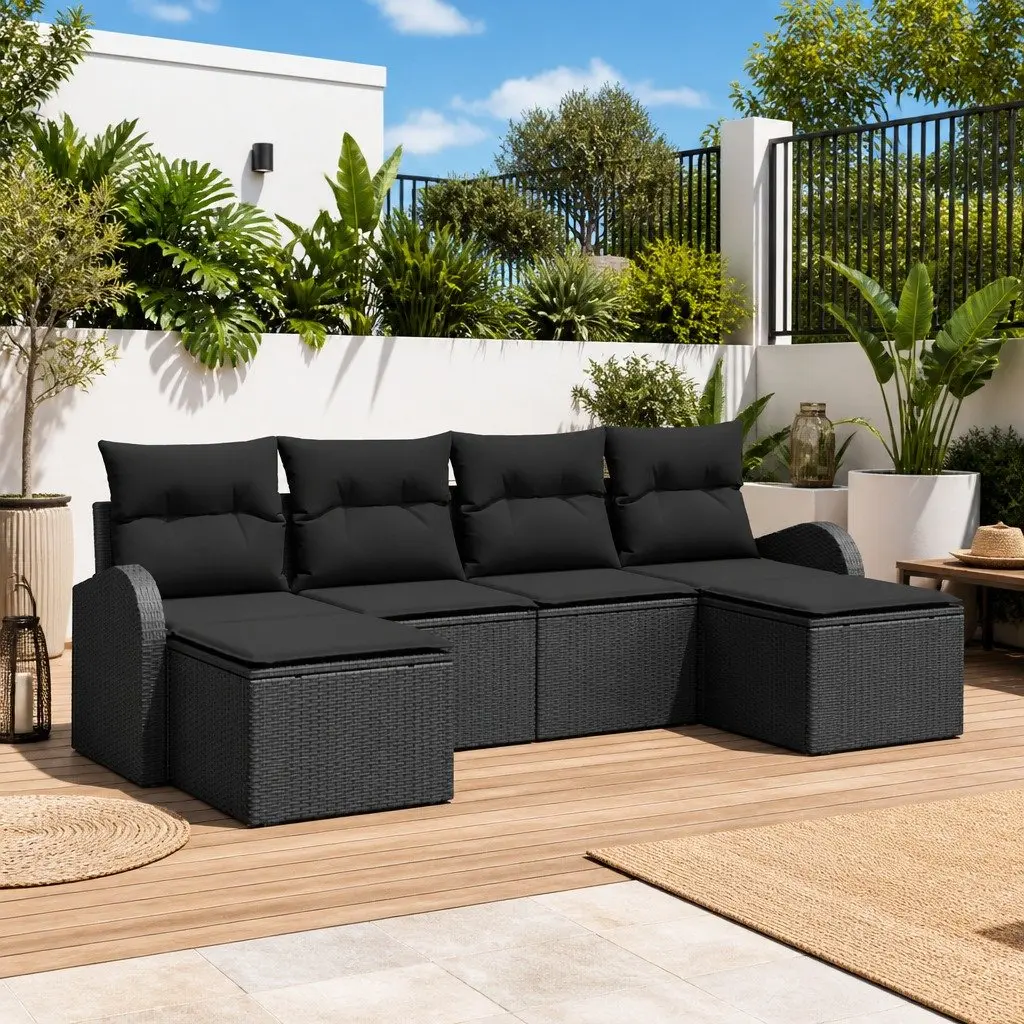 Outdoor Sofa Set Modular Garden Furniture 6 Piece Black Poly Rattan with Storage