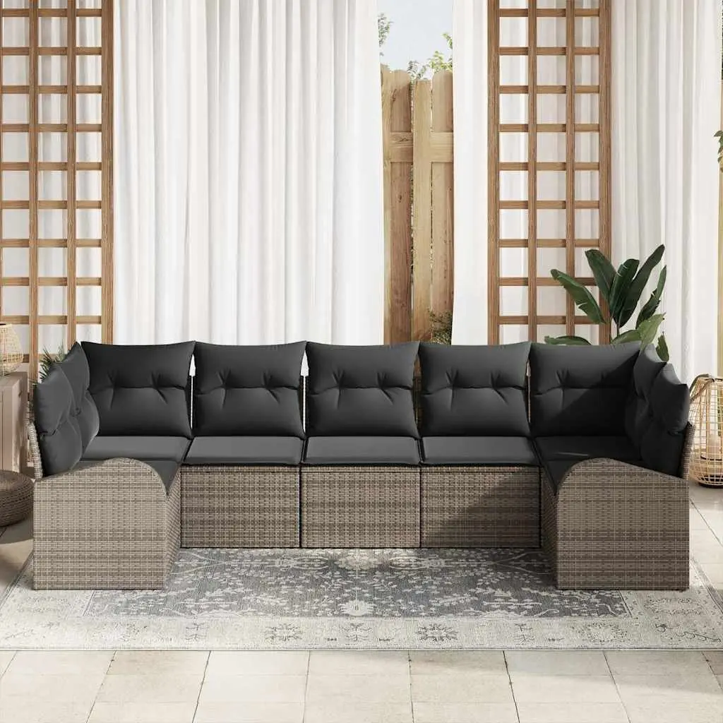Outdoor Lounge Set 7 Piece Grey Poly Rattan Garden Sofa with Cushions
