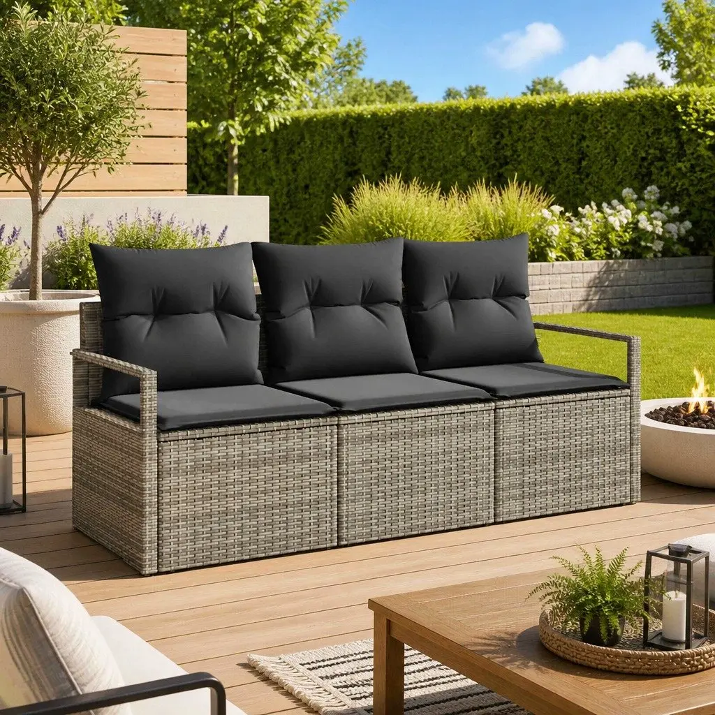 3 Piece Grey Patio Lounge Sofa Set Outdoor Seating Poly Rattan Garden Furniture