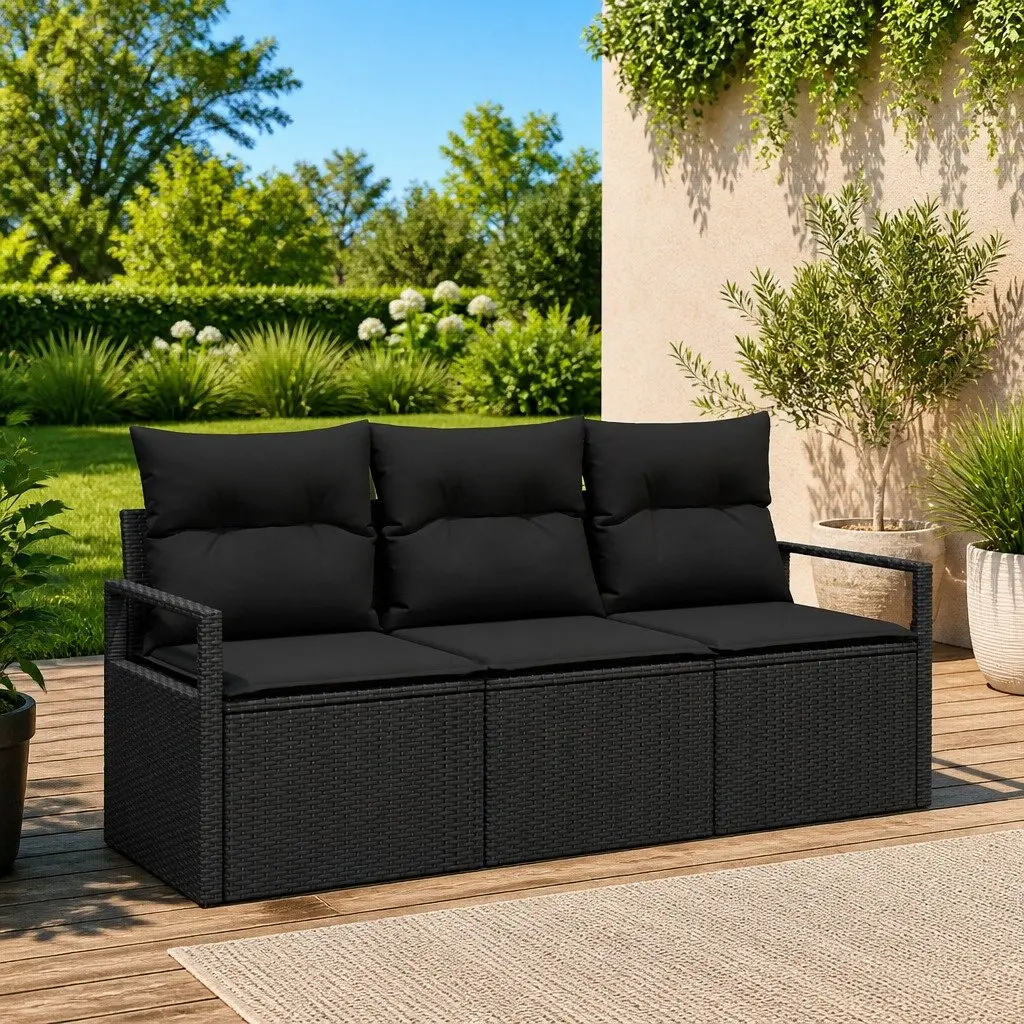 Outdoor Garden Sofa Set 3 Piece Black Poly Rattan Cushions