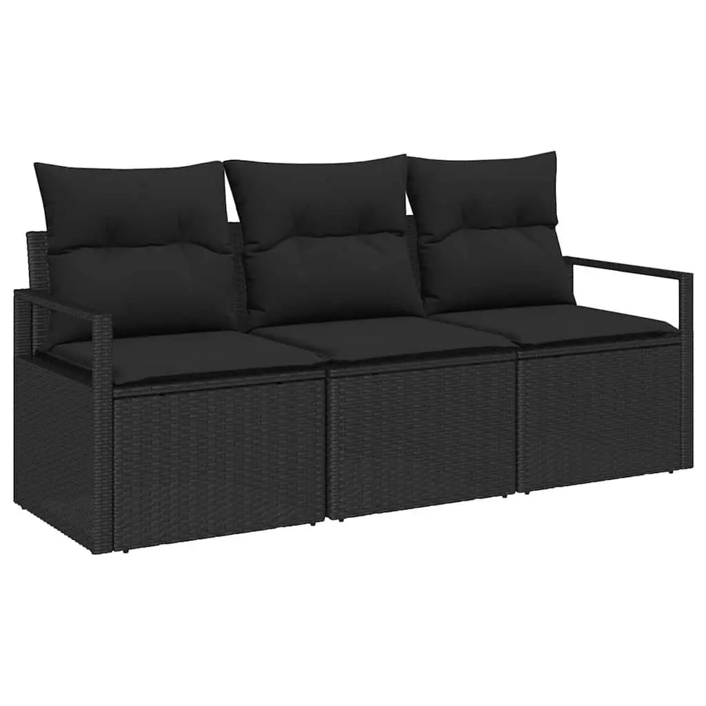Outdoor Garden Sofa Set 3 Piece Black Poly Rattan Cushions