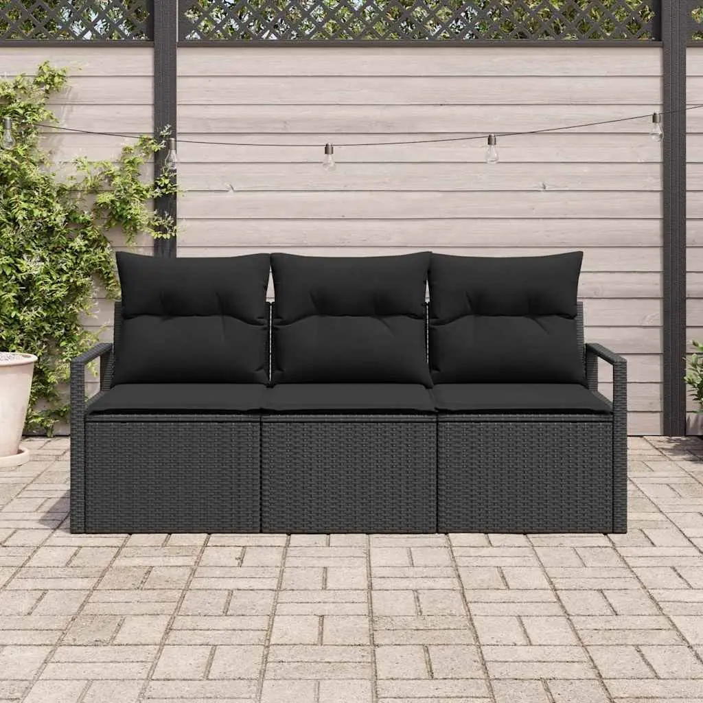 Outdoor Garden Sofa Set 3 Piece Black Poly Rattan Cushions