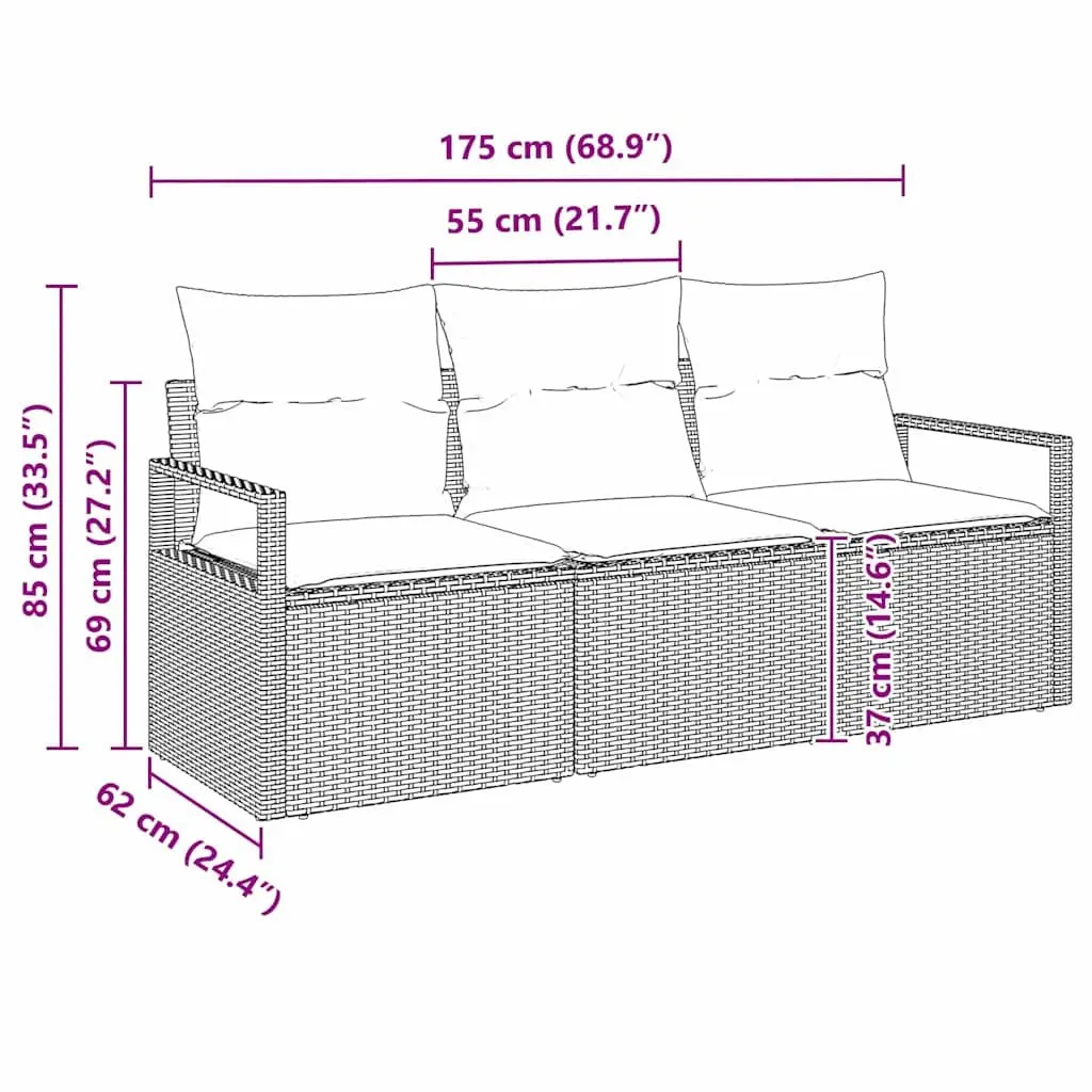 Outdoor Garden Sofa Set 3 Piece Black Poly Rattan Cushions