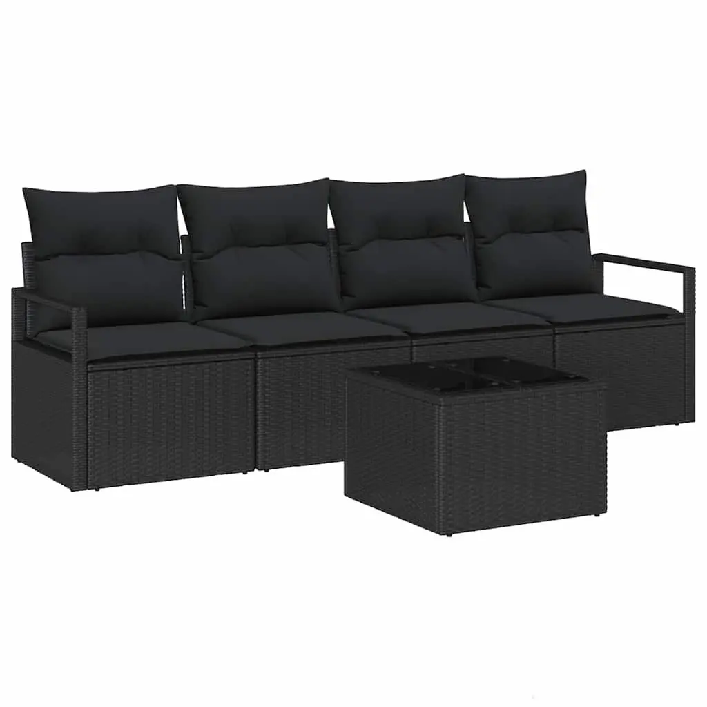Outdoor Sofa Set 5 Piece Black Poly Rattan Garden Furniture with Storage Benches