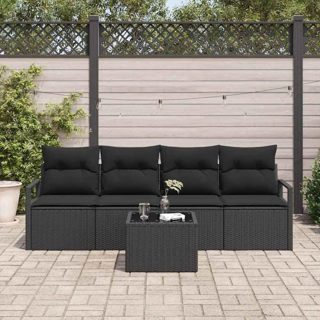 Outdoor Sofa Set 5 Piece Black Poly Rattan Garden Furniture with Storage Benches