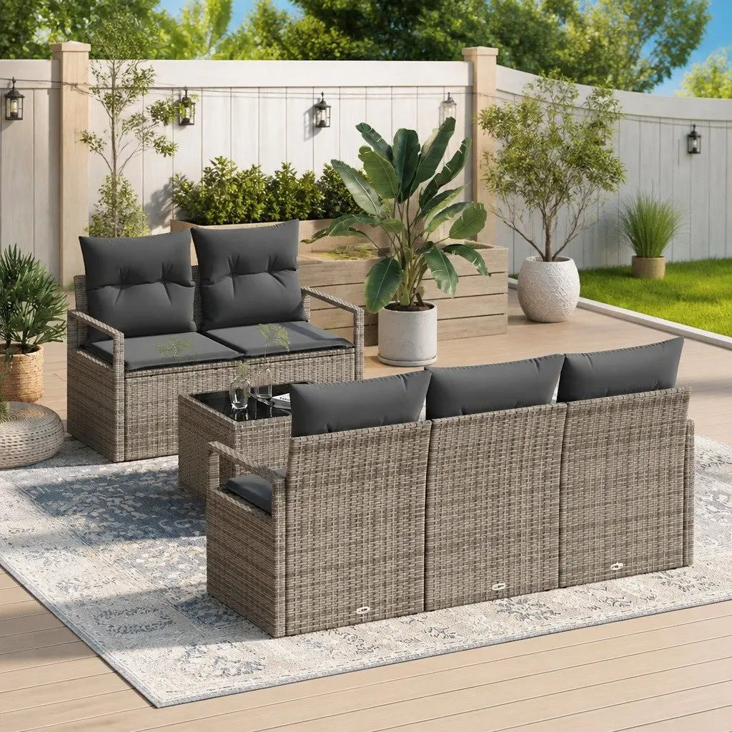 Modular Garden Sofa Set 6 Piece Outdoor Seating Grey Poly Rattan Furniture with Cushions