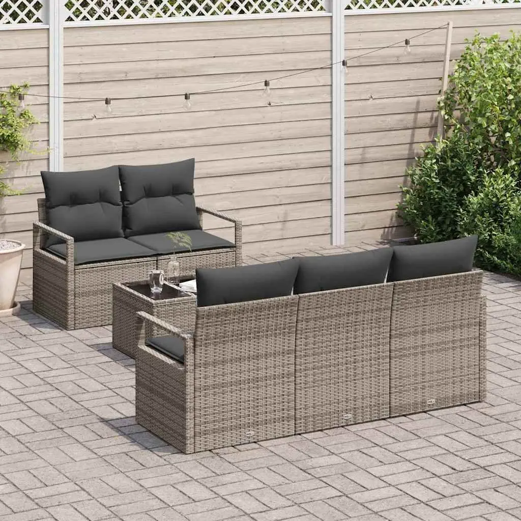 Modular Garden Sofa Set 6 Piece Outdoor Seating Grey Poly Rattan Furniture with Cushions