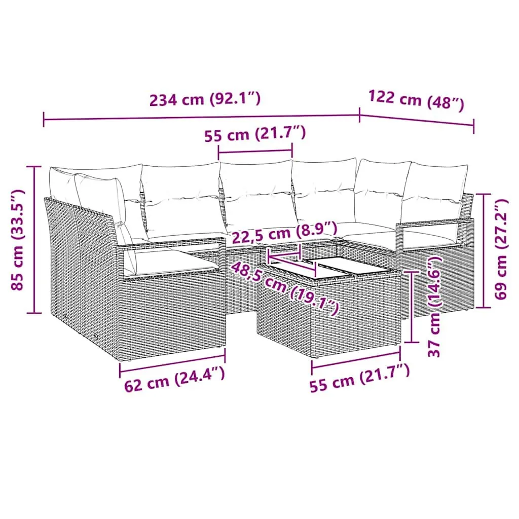 Modular Garden Sofa Set 7 Pieces Outdoor Entertaining Grey Poly Rattan Steel Glass