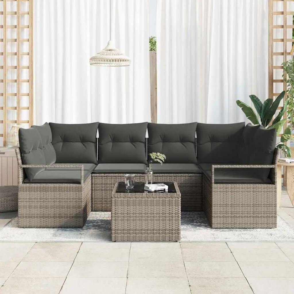Modular Garden Sofa Set 7 Pieces Outdoor Entertaining Grey Poly Rattan Steel Glass