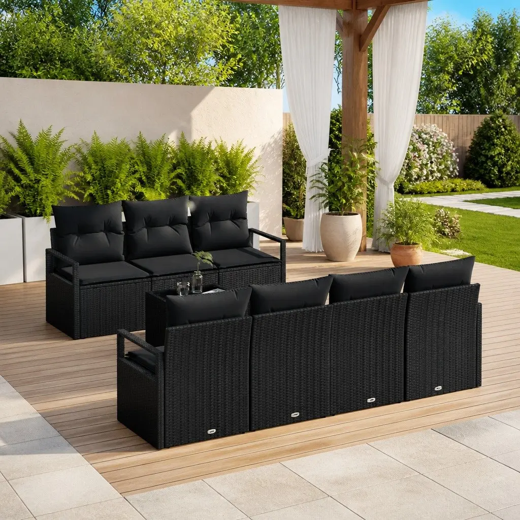 Modular Garden Sofa Set 8 Piece Outdoor Seating Black Poly Rattan Lounge with Cushions