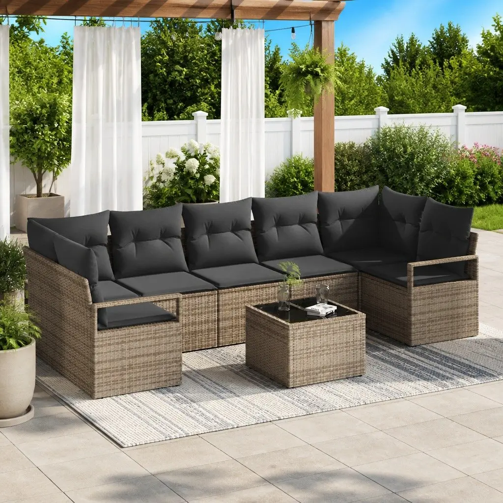 Outdoor Garden Sofa Set Modular 8 Pieces Grey Poly Rattan Steel Frame Glass Table