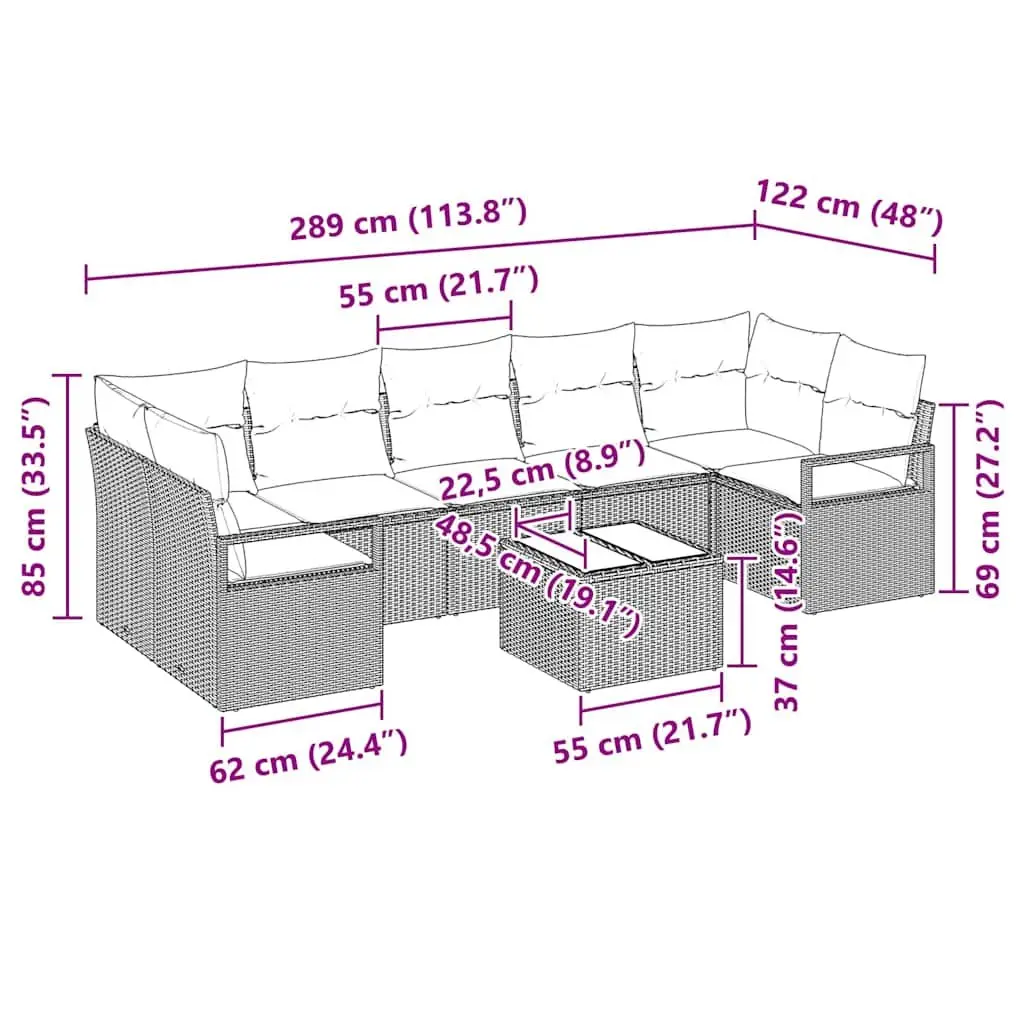 Outdoor Garden Sofa Set Modular 8 Pieces Grey Poly Rattan Steel Frame Glass Table