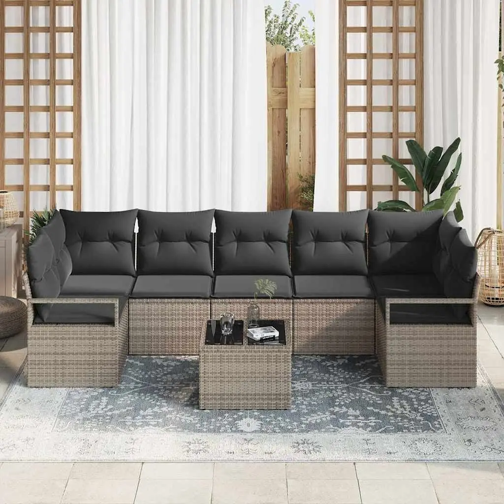 Outdoor Garden Sofa Set Modular 8 Pieces Grey Poly Rattan Steel Frame Glass Table