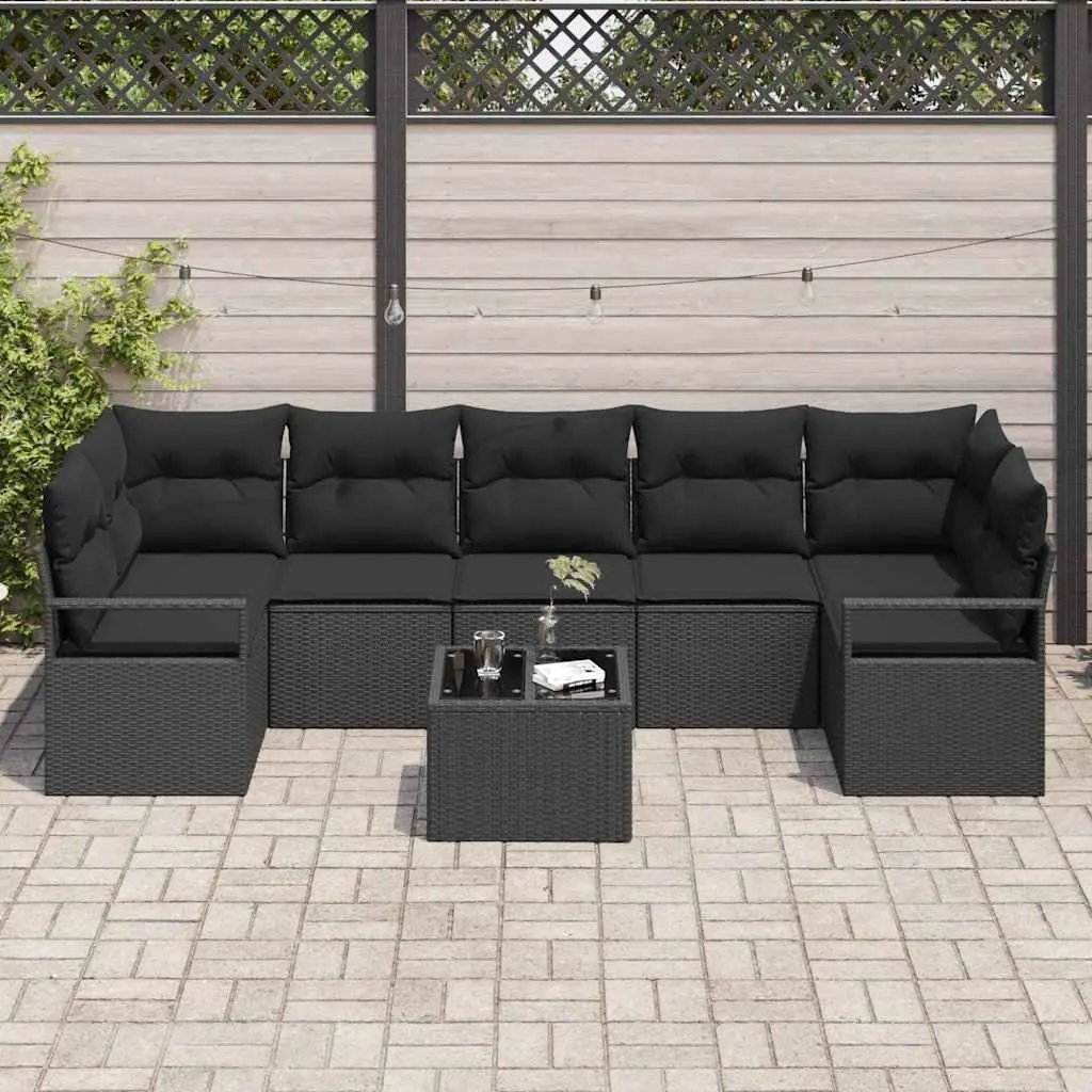 Outdoor Garden Sofa Set 8 Pieces Modular Poly Rattan Steel Frame Glass Table Black