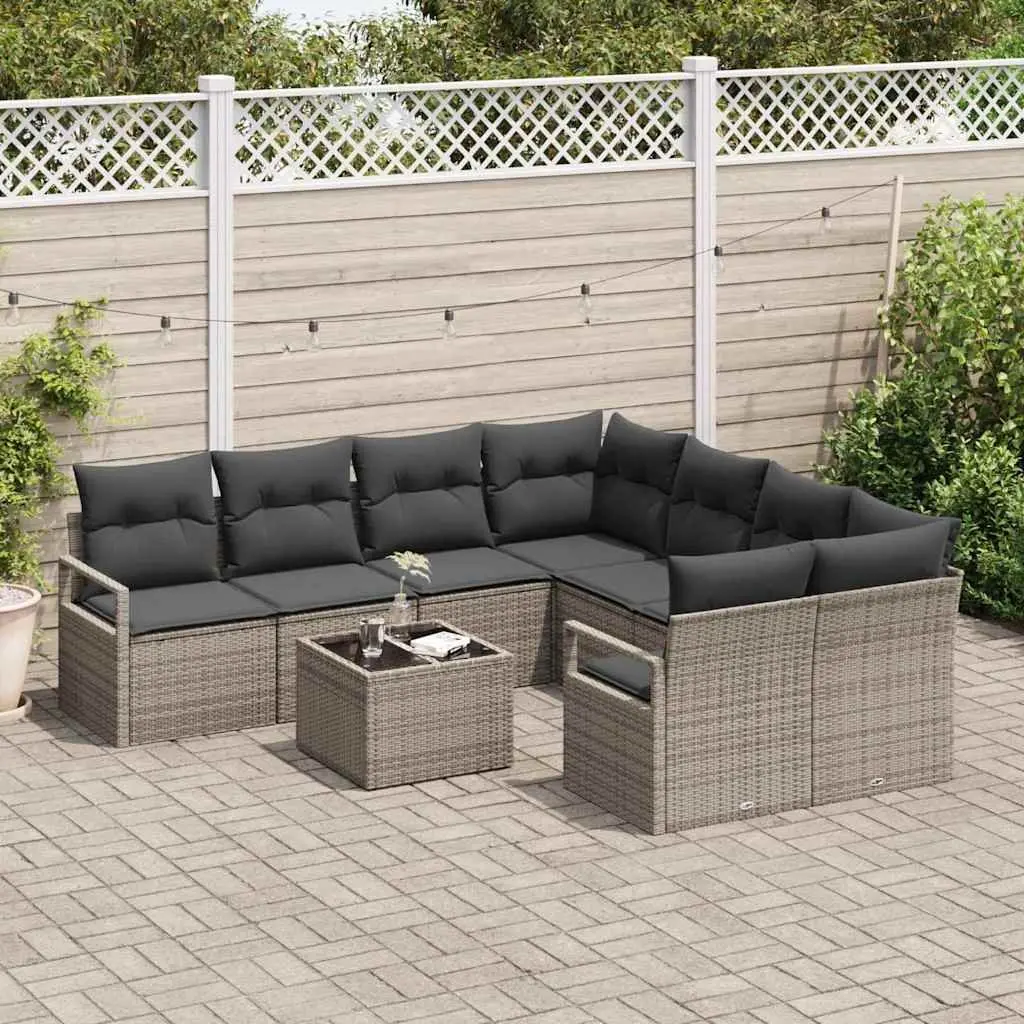 Outdoor Sofa Set Grey Poly Rattan Garden Furniture 9 Pieces with Cushions